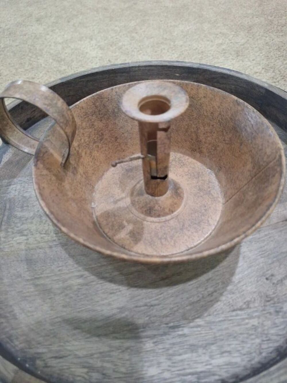 Primitive Style Chamberstick Candle Holder Tin Metal Antique Finish